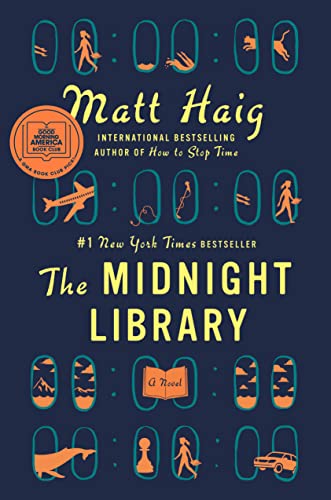 The Midnight Library by Matt Haig book cover - navy blue with four sections of orange circle outlines depicting scenes from the book.