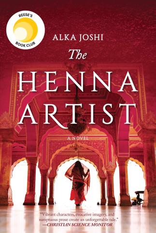 The Henna Artist by Alka Joshi book cover done in reds with what looks like an Indian temple and a woman in a red sari walking through the center. Reese Witherspoon book club logo on top left corner.