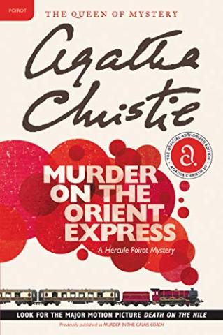 Murder on the Orient Express by Agatha Christie book cover with a train crossing the cover and red smoke coming out.