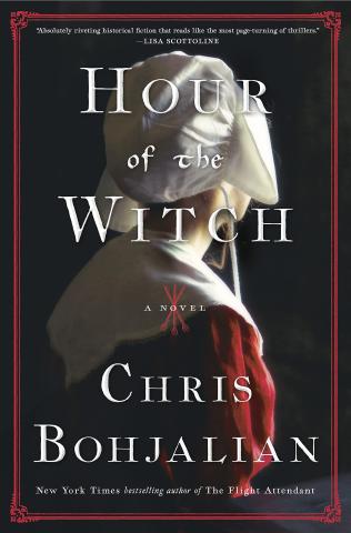 Hour of the Witch book cover with a woman in a red 1600s puritan dress with white kerchief and bonnet  and her back to the reader