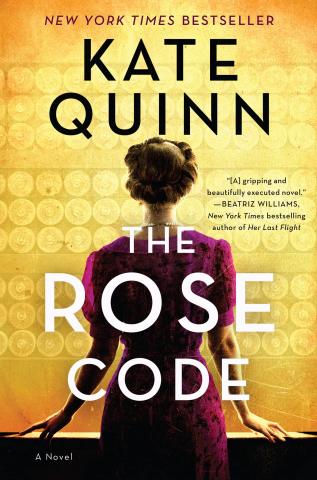 The Rose Code book cover with the back of a woman with her hair in a 1940s victory roll around her head, in a fuchsia-colored dress standing against a small ledge staring at a yellow wall