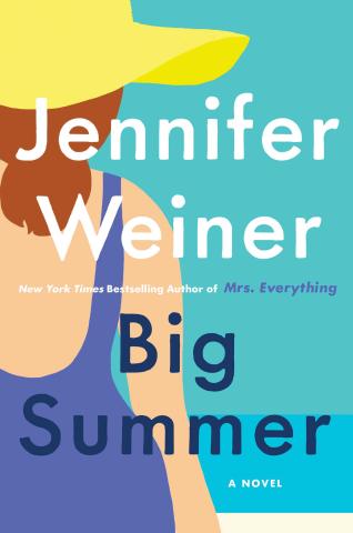 Big Summer by Jennifer Weiner book cover with a aqua blue background and a clip art woman from the back wearing a blue bathing suit and yellow floppy beach hat.