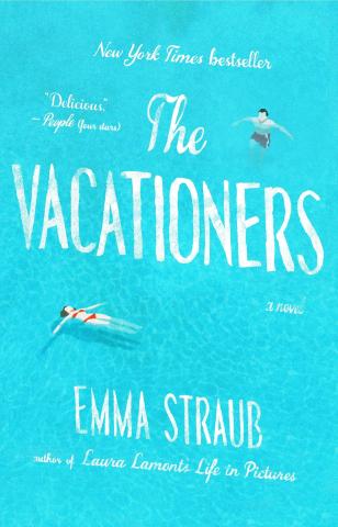 The Vacationers by Emma Straub book cover - the entire cover is water and there's a man in red shorts standing in the water at the top part of the book and a woman in a red bikini floating on her back toward the middle of the cover.