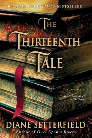 The Thirteenth Tale by Diane Setterfield book cover with a stack of older looking books, one with a red ribbon bookmark, others with designs on the spines and pages.