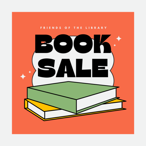 Image of books with text that reads 'Friends of the Library Book Sale'