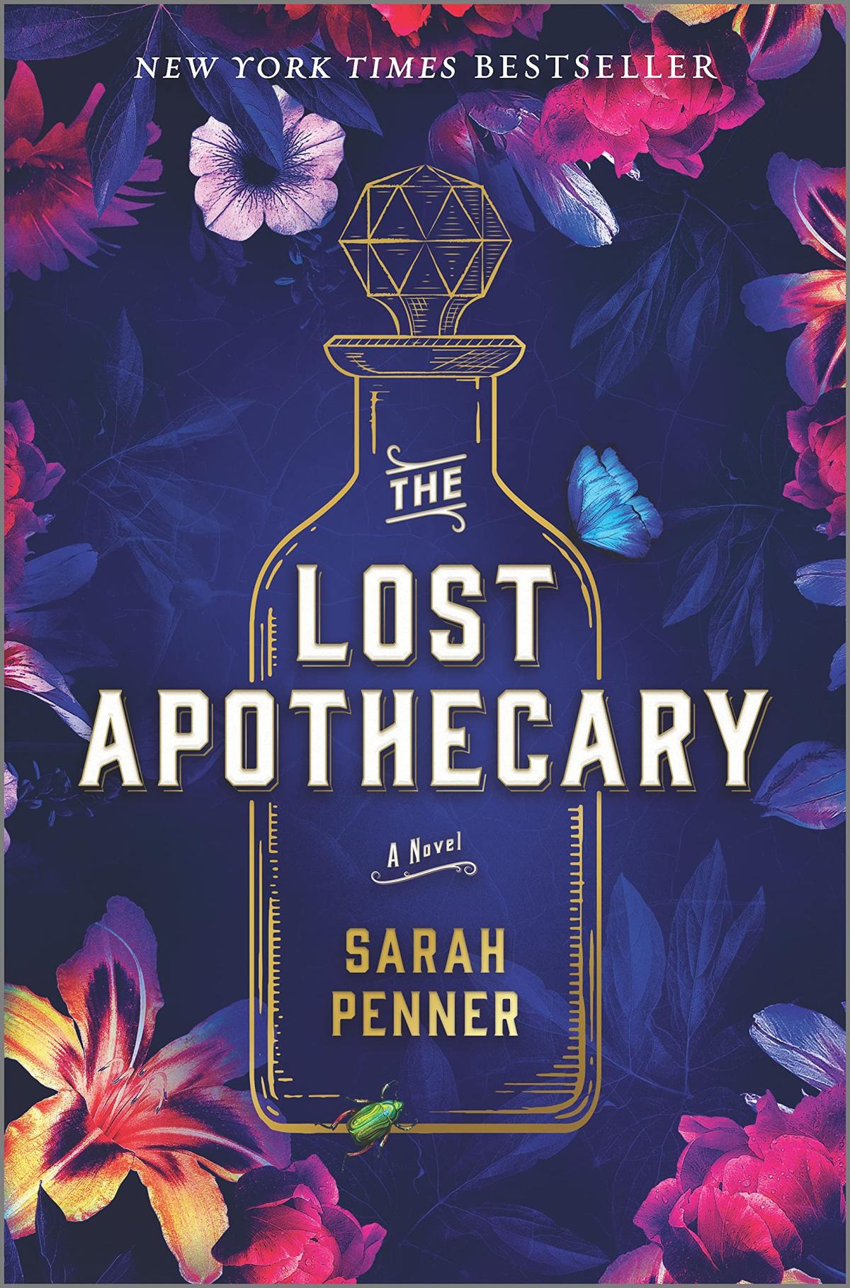 The Lost Apothecary by Sarah Penner book cover done on purples and pinks with an outline of an apothecary jar in the center.