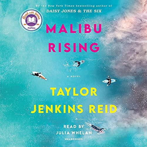 Malibu Rising by Taylor Jenkins Reid book cover of the ocean with four surfers paddling in different directions.