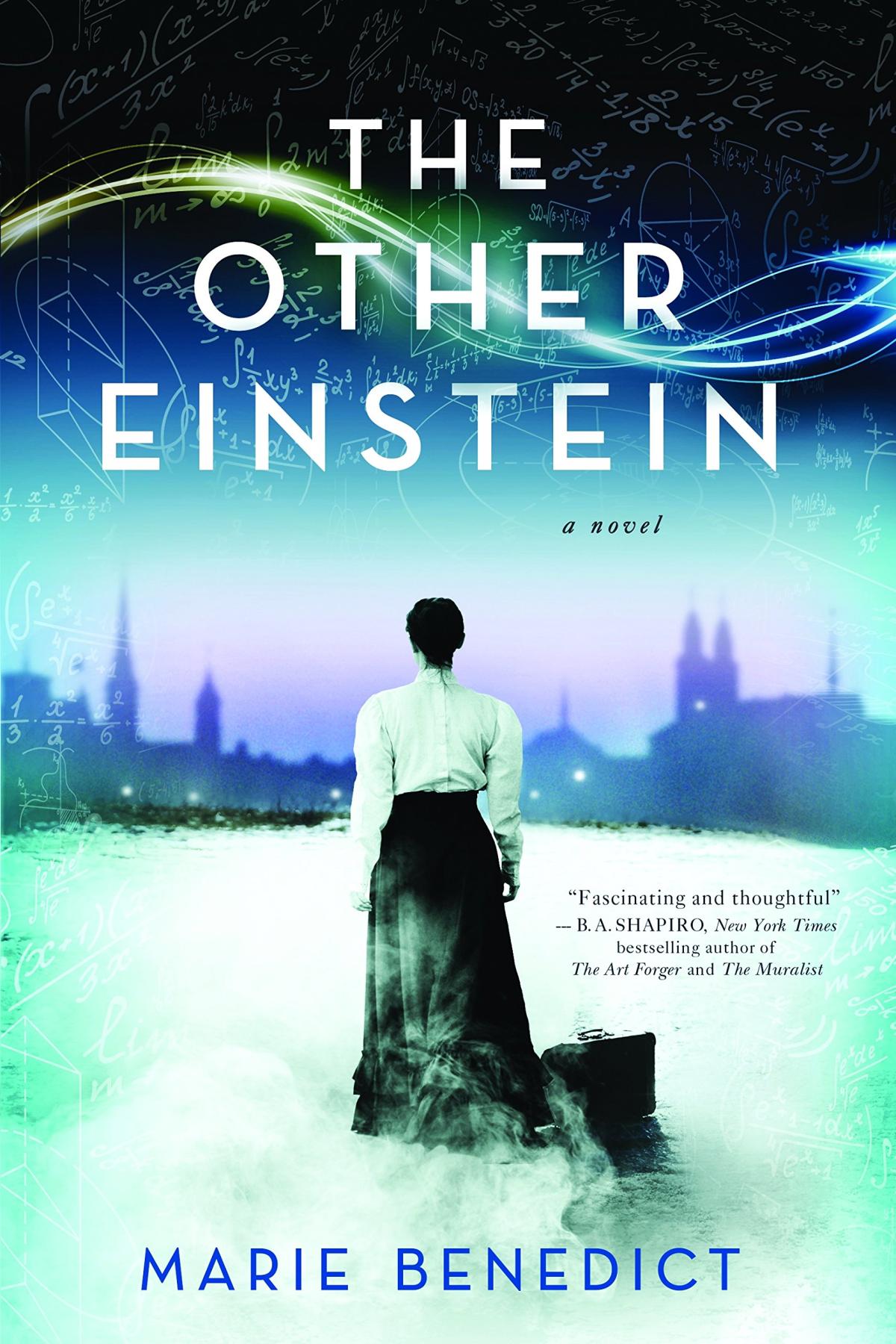 The Other Einstein by Marie Benedict book cover with a woman from the back in period dress standing in the snow looking at a city in the far foreground.